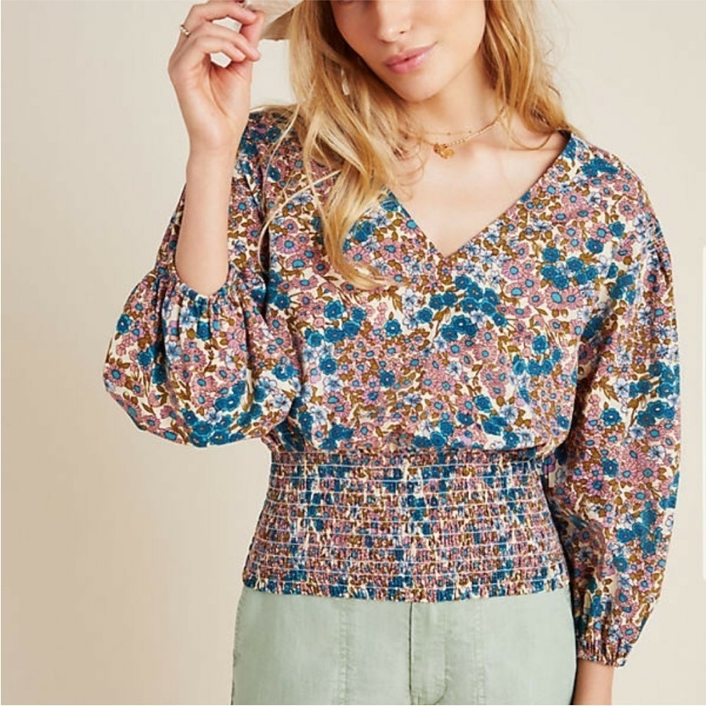 Anthropologie Maeve Odette Smocked
Floral Blouse S